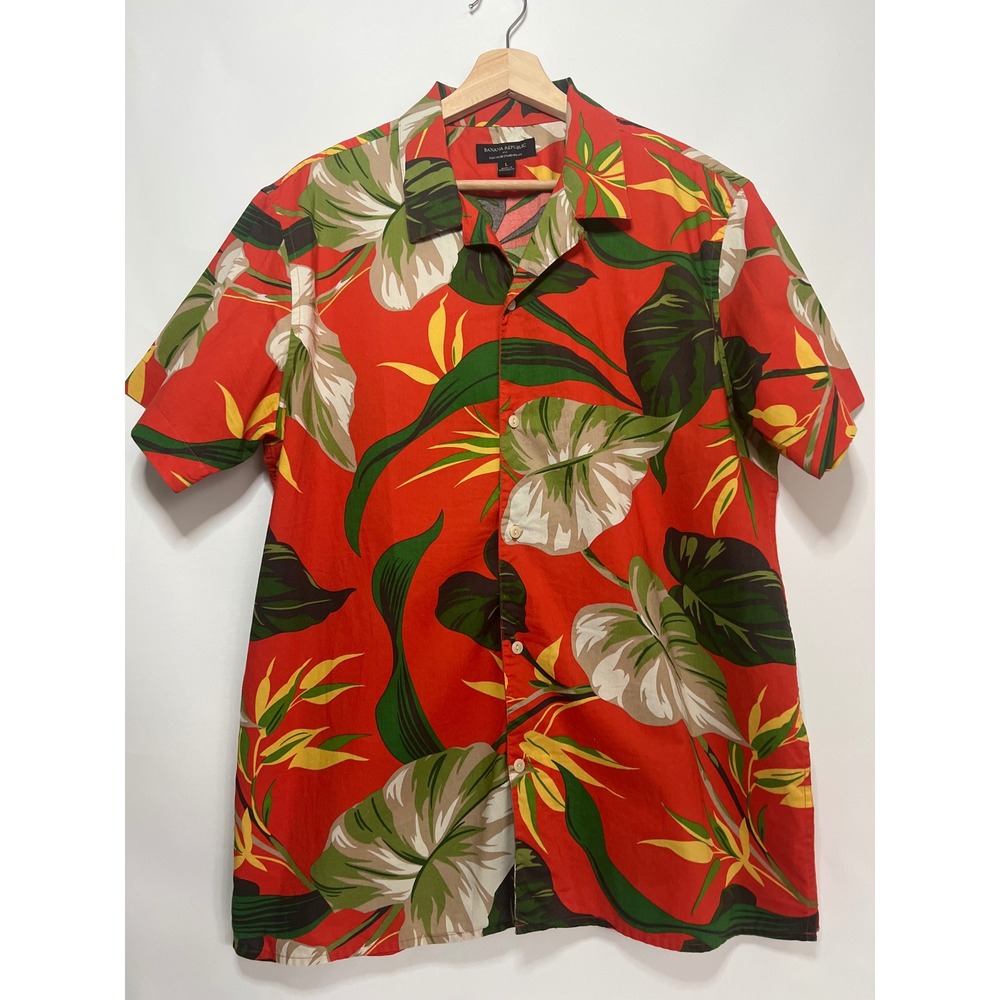 Banana Republic Men's Orange Red Tropical Floral Short Sleeve Button-Up L Shirt